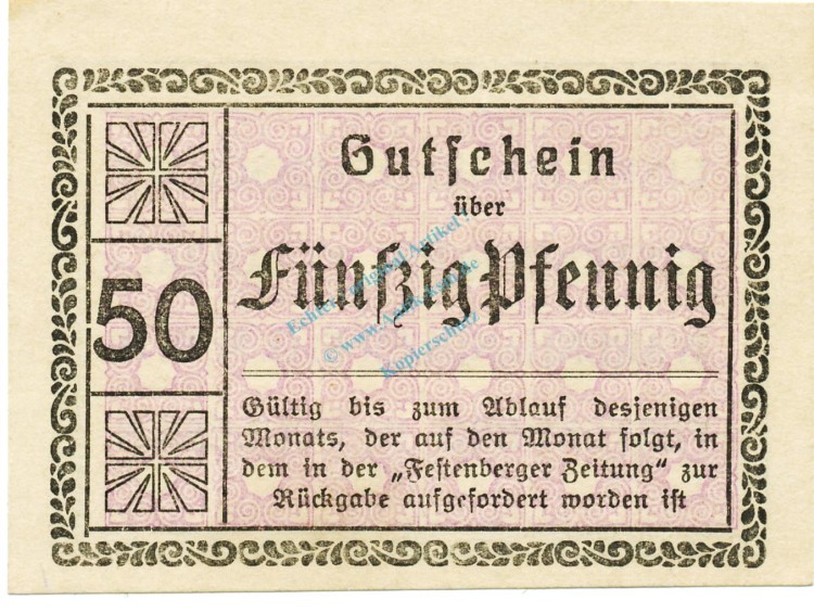 Festenberg , Notgeld 50 Pfennig Schein unc-kfr. Ti.1855.05.32 , Schlesien o.D. Verkehrsausgabe