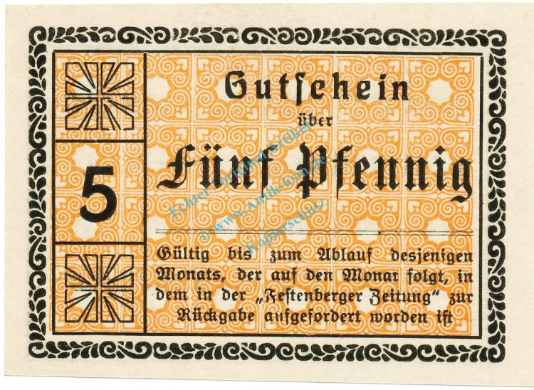 Festenberg , Notgeld 5 Pfennig Schein unc-kfr. Ti.1855.05.30 , Schlrdirn o.D. Verkehrsausgabe