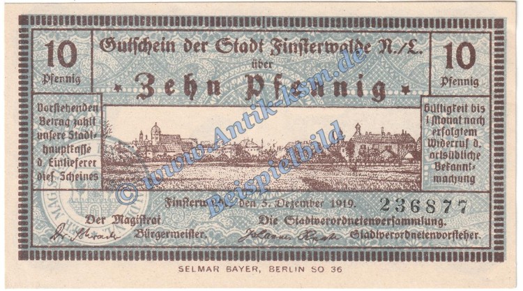 Finsterwalde , Notgeld 10 Pfennig Scheine in kfr. Tieste 1870.05.06 , Brandenburg 1919 Verkehrsausgabe