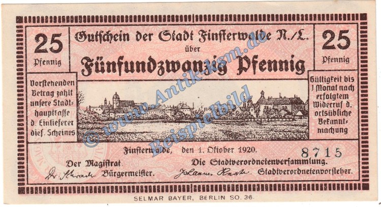 Finsterwalde , Notgeld 25 Pfennig Schein in kfr. Tieste 1870.05.15 , Brandenburg 1920 Verkehrsausgabe