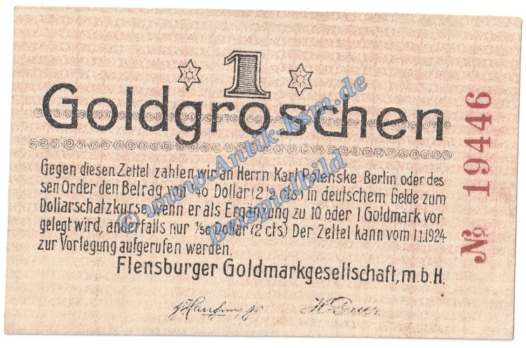 Flensburg , 1 Groschen Gold Notgeld Schein in f-kfr. Müller 1660.3.a Wertbeständig 1Flensburg , 1 Groschen Gold Notgeld Schein in f-kfr. Müller 1660.3.a Wertbeständig 1923 Schleswig Holstein923 Schleswig Holstein
