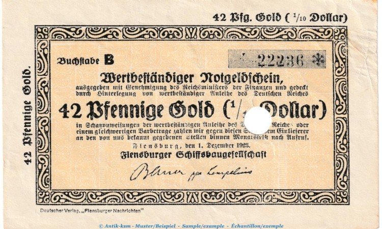Flensburg , 42 Pfennig Gold Notgeld Schein in L-gbr.E , Müller 1665.13 von 1923 , Wertbeständiges Notgeld