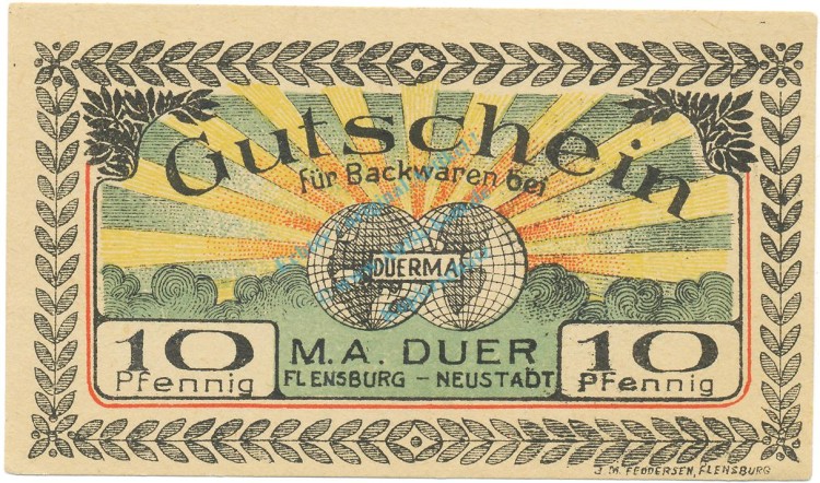 Flensburg , Notgeld 10 Pfennig -KN schwarz- unc-kfr. M-G 366.1.b , Schleswig o.D. Seriennotgeld
