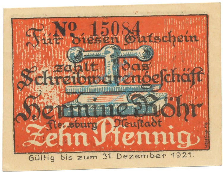Flensburg , Notgeld 10 Pfennig Schein unc-kfr. M-G 363.1.a , SH o.D. Seriennotgeld -2937-