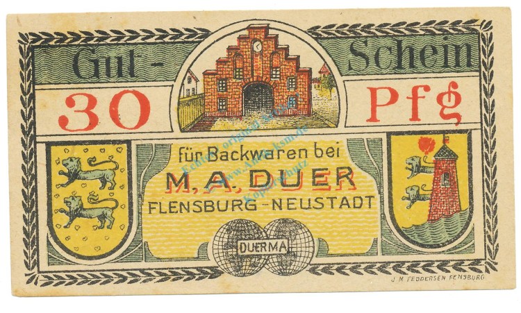 Flensburg , Notgeld 30 Pfennig -M.A.Duer- unc-kfr. M-G 366.1.a , SH o.D. Seriennotgeld -5724-