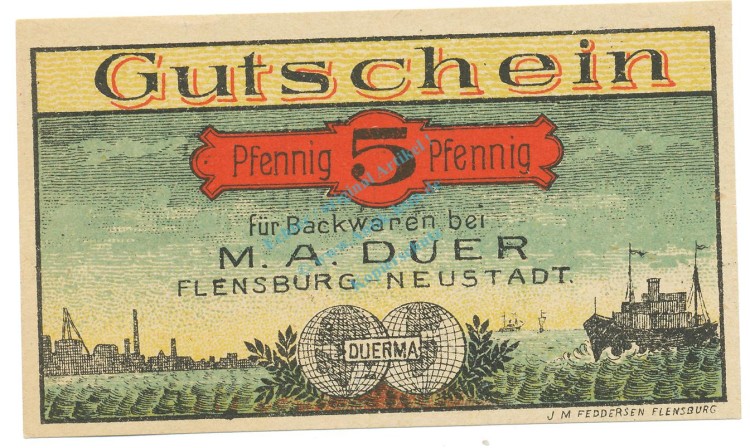 Flensburg , Notgeld 5 Pfennig -M.A.Duer- unc-kfr. M-G 366.1.a , SH o.D. Seriennotgeld -5723-