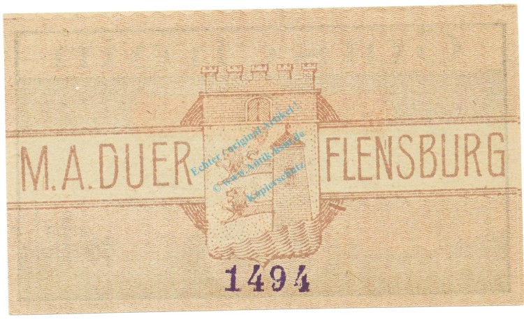 Flensburg , Notgeld 5 Pfennig -M.A.Duer- unc-kfr. M-G 366.1.a , SH o.D. Seriennotgeld -5723-