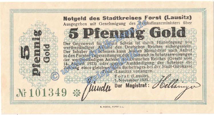 Forst , Banknote 5 Gold Pfennig Schein in kfr. Müller 1695.2 Wertbeständig 1923 Brandenburg