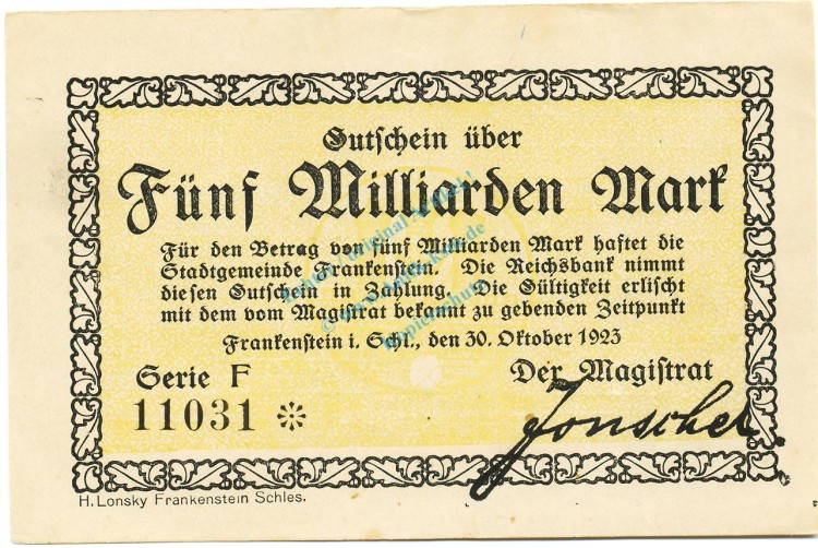 Frankenstein , Banknote 5 Milliarden Mark Schein in gbr. Keller 1518.b-c , Schlesien 1923 Inflation