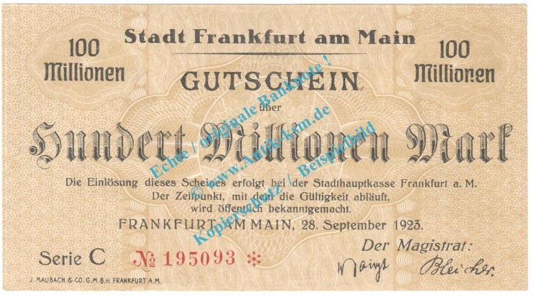 Frankfurt M. Notgeld 100 Millionen Mark -braun- in kfr. Keller 1522.k-r , Hessen 1923 Grossnotgeld Inflation