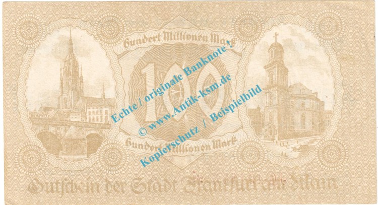 Frankfurt M. Notgeld 100 Millionen Mark -braun- in kfr. Keller 1522.k-r , Hessen 1923 Grossnotgeld Inflation