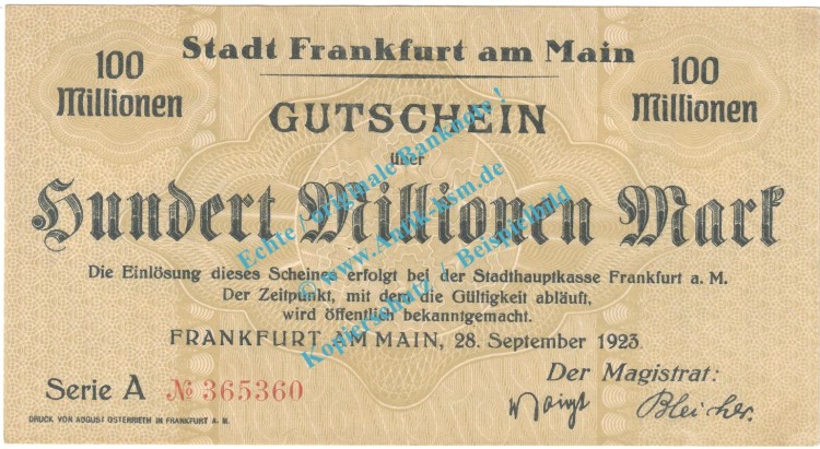 Frankfurt M. Notgeld 100 Millionen Mark -oliv- in kfr. Keller 1522.k-r , Hessen 1923 Grossnotgeld Inflation