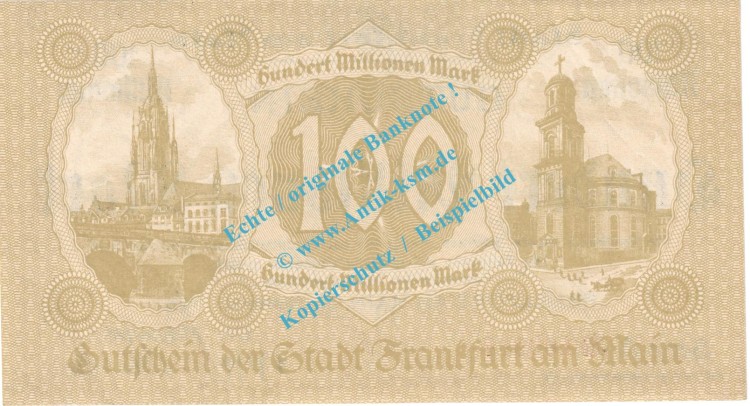 Frankfurt M. Notgeld 100 Millionen Mark -oliv- in kfr. Keller 1522.k-r , Hessen 1923 Grossnotgeld Inflation