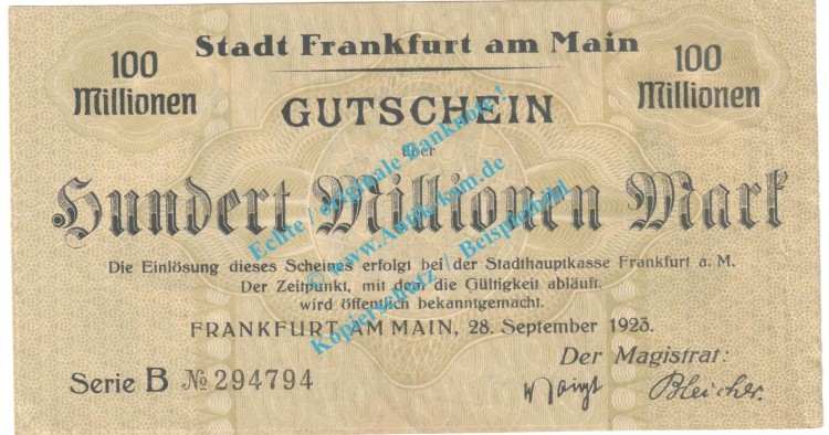 Frankfurt M. Notgeld 100 Millionen Mark Schein in gbr. Keller 1522.k-r , Hessen 1923 Grossnotgeld Inflation