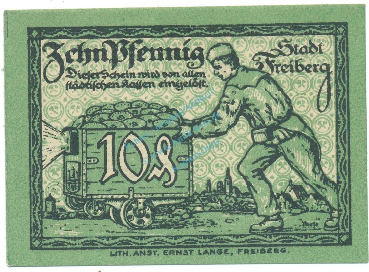 Freiberg , Notgeld 10 Pfennig Schein unc-kfr. Tieste 1950.20.43 , S o.D. Verkehrsausgabe -4157-