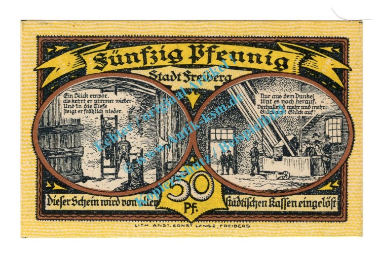 Freiberg , Notgeld 50 Pfennig B --Entwertet-- in kfr. Bühn 1751.27 , Sachsen 1921 Seriennotgeld