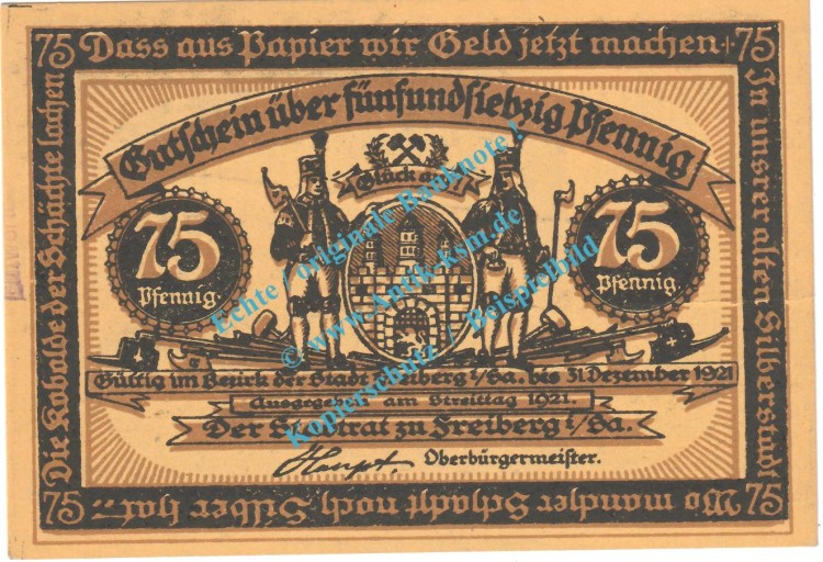 Freiberg , Notgeld 75 Pfennig Nr.4 --Entwertet-- in kfr. Bühn 1751.34 , Sachsen 1921 Seriennotgeld