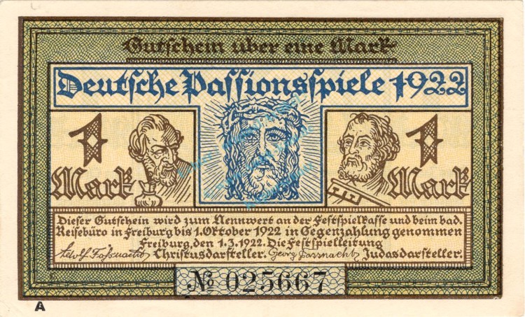 Freiburg , Notgeld 1 Mark Schein -A- unc-kfr. M-G 381.1 , Baden 1922 Seriennotgeld