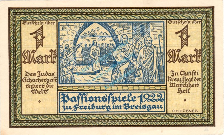 Freiburg , Notgeld 1 Mark Schein -A- unc-kfr. M-G 381.1 , Baden 1922 Seriennotgeld