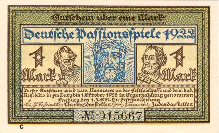 Freiburg , Notgeld 1 Mark Schein -C- unc-kfr. M-G 381.1 , Baden 1922 Seriennotgeld