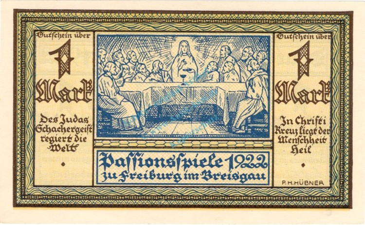 Freiburg , Notgeld 1 Mark Schein -C- unc-kfr. M-G 381.1 , Baden 1922 Seriennotgeld