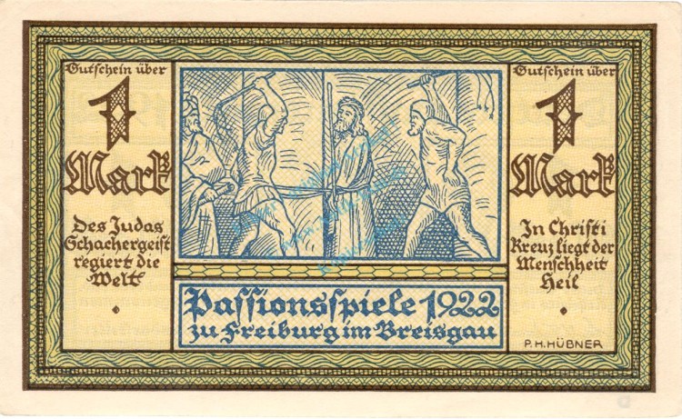 Freiburg , Notgeld 1 Mark Schein -D- unc-kfr. M-G 381.1 , Baden 1922 Seriennotgeld