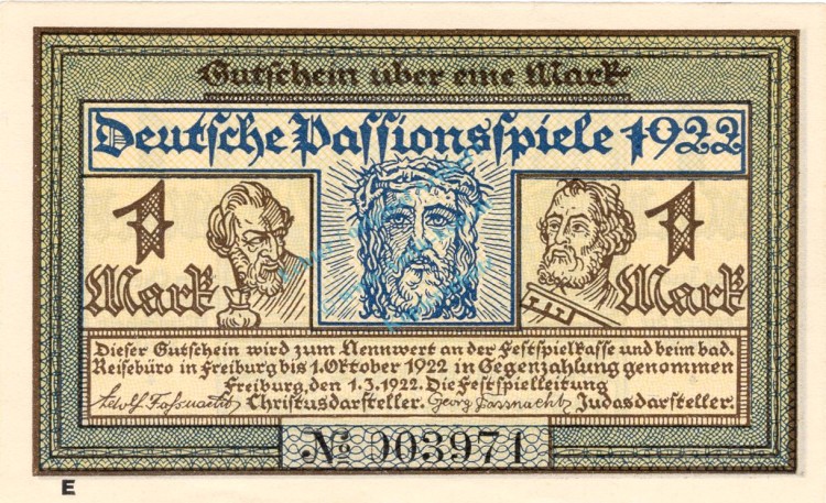 Freiburg , Notgeld 1 Mark Schein -E- unc-kfr. M-G 381.1 , Baden 1922 SeriennotgeldFreiburg , Notgeld 1 Mark Schein -E- unc-kfr. M-G 381.1 , Baden 1922 Seriennotgeld