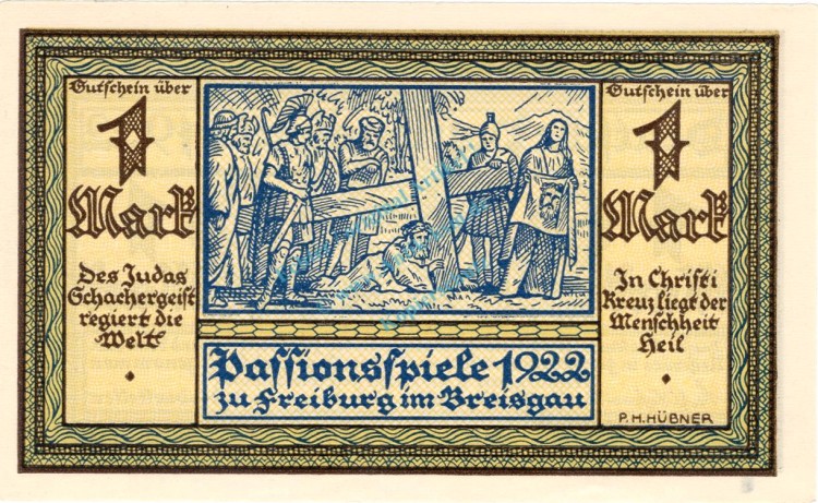 Freiburg , Notgeld 1 Mark Schein -E- unc-kfr. M-G 381.1 , Baden 1922 Seriennotgeld