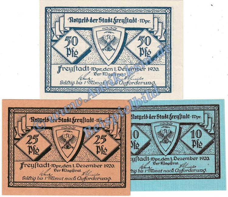 Freystadt , Notgeld Set mit 3 Scheinen in kfr. Tieste 1985.05.01-03 , Westpreussen 1920 Verkehrsausgabe