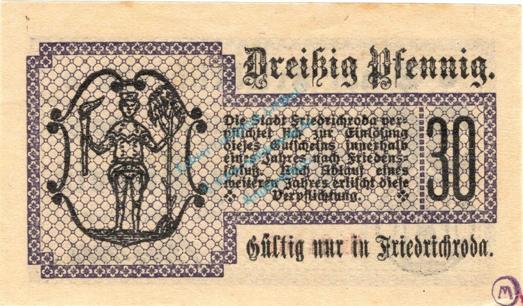Friedrichroda , Notgeld 30 Pfennig Schein unc-kfr. Ti.2030.10.15 , Sachsen 1917 Verkehrsausgabe