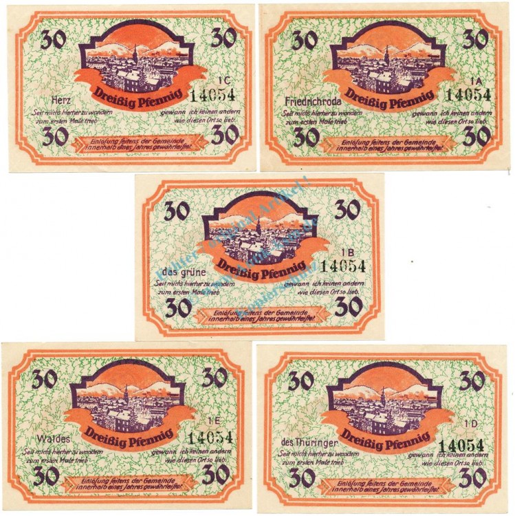 Friedrichroda , Notgeld Set 30 Pf. -Nummerngleich- unc-kfr. M-G 393.1 , TH o.D. Seriennotgeld -5813-