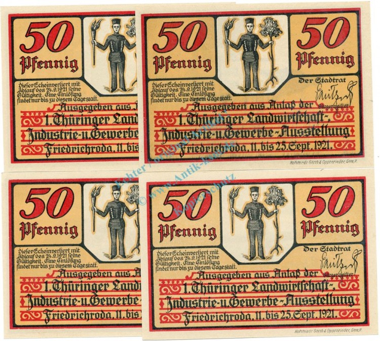 Friedrichroda , Notgeld Set 4 Scheine -Nummerngleich- unc-kfr. M-G 393.2 , TH 1921 Seriennotgeld -5793-