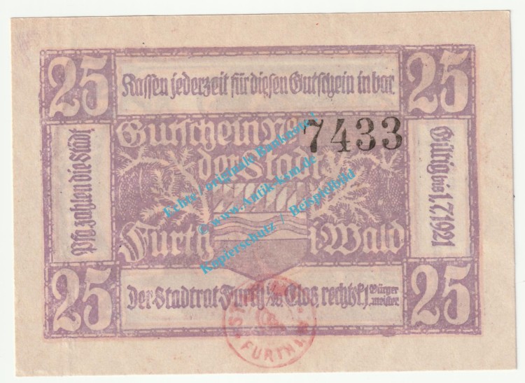 Furth i.W. Notgeld 25 Pfennig Schein in kfr. Tieste 2095.05.01 , Bayern 1920 Verkehrsausgabe