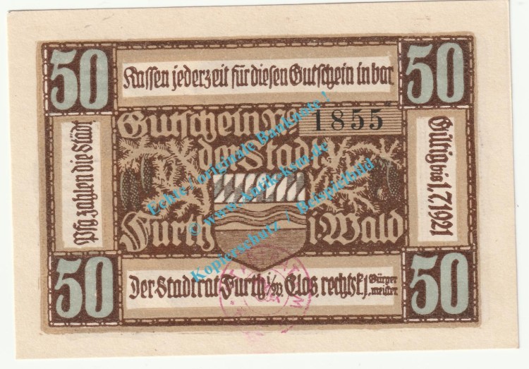 Furth i.W. Notgeld 50 Pfennig Schein in kfr. Tieste 2095.05.20 , Bayern 1920 Verkehrsausgabe