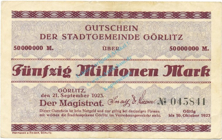 Görlitz , Banknote 50 Millionen Mark Schein in gbr. Keller 1829.o-p , Schlesien 1923 Inflation