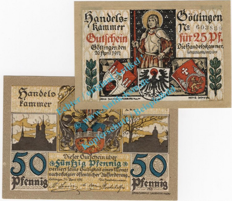Göttingen , Notgeld Set mit 2 Scheinen in kfr. Tieste 2320.10.15-16 , Niedersachsen 1917 Verkehrsausgabe