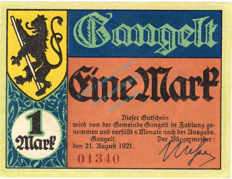 Gangelt , Notgeld 1 Mark Schein Nr.3 unc-kfr. M-G 406.1 , Westfalen 1921 Seriennotgeld