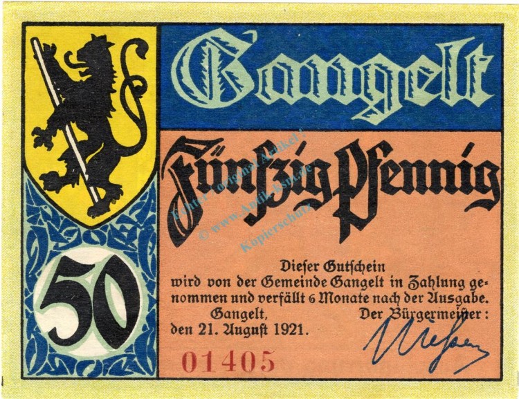 Gangelt , Notgeld 50 Pfennig Schein Nr.2 unc-kfr. M-G 406.1 , Westfalen 1921 Seriennotgeld