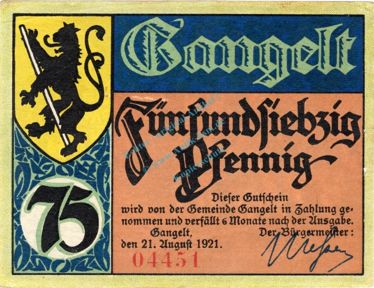 Gangelt , Notgeld 75 Pfennig Schein Nr.2 unc-kfr. M-G 406.1 , Westfalen 1921 Seriennotgeld