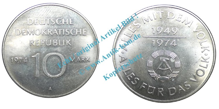 Gedenkmünze DDR , 10 Mark -25 Jahre DDR- bfr-Stgl. von 1974 A , J.1551 -0540-Gedenkmünze DDR , 10 Mark -25 Jahre DDR- bfr-Stgl. von 1974 A , J.1551 -0540-
