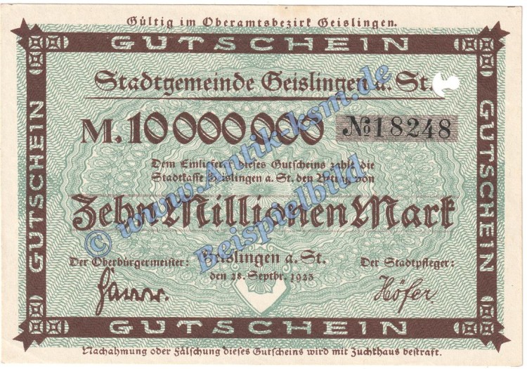 Geislingen , Banknote 10 Millionen Mark Schein in kfr. Keller 1693.a , Württemberg 1923 Grossnotgeld - Inflation