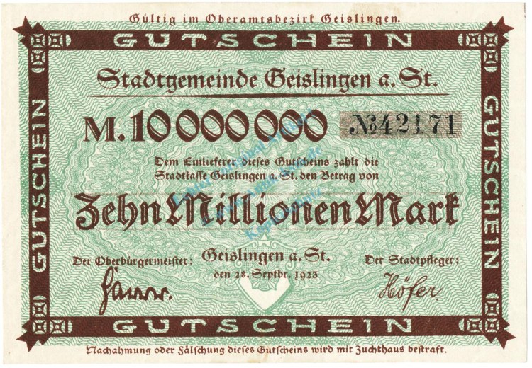 Geislingen , Banknote 10 Million Mark unc-kfr. Keller 1693.a Württemberg 1923 Inflation