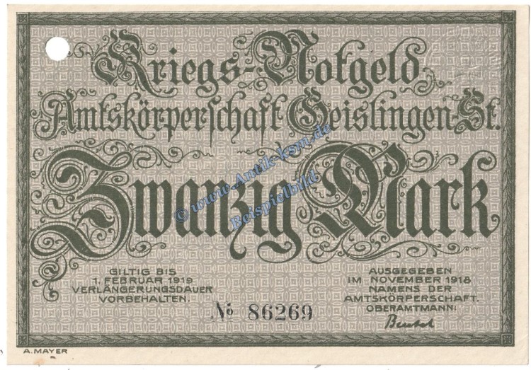 Geislingen , Banknote 20 Mark Schein in kfr.E , Geiger 170.02 , Württemberg 1918 Grossnotgeld