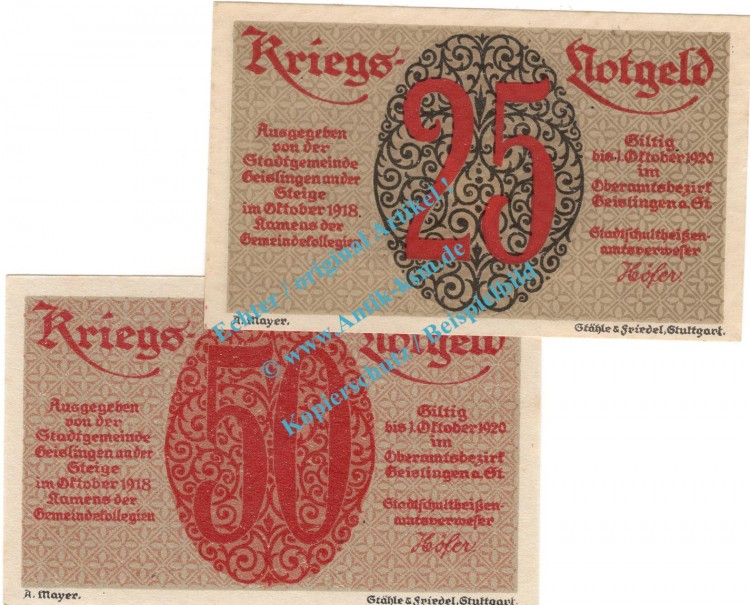 Geislingen , Notgeld Set mit 2 Scheinen in kfr. Tieste 2140.05.01-02 , Württemberg 1918 Verkehrsausgabe