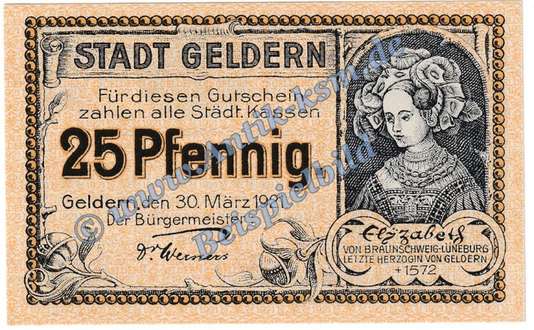 Geldern , Notgeld 25 Pfennig Schein in kfr. Tieste 2145.05.25 , Rheinland 1921 Verkehrsausgabe