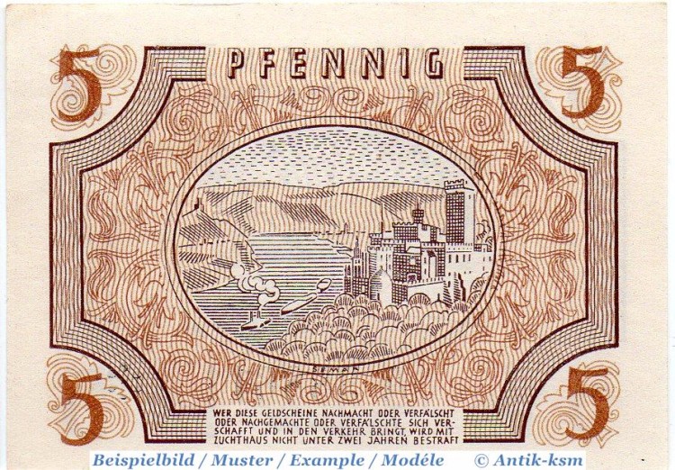 Geldschein über 5 Pfennig , Rheinland Pfalz , Alliierte Besatzung , Rosenberg 211 , Banknote vom 15.10.1947