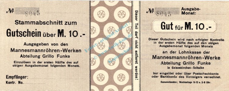 Gelsenkirchen-Schalke , Banknote 10 Mark Schein F-kfr.E Geiger 171.02 , Westfalen o.D. Grossnotgeld