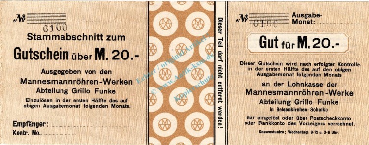 Gelsenkirchen-Schalke , Banknote 20 Mark Schein unc-kfr.E Geiger 171.03 , Westfalen o.D. Grossnotgeld