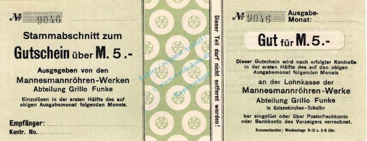 Gelsenkirchen-Schalke , Banknote 5 Mark Schein F-kfr.E Geiger 171.01 , Westfalen o.D. Grossnotgeld