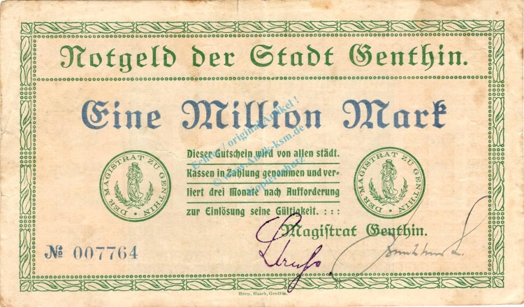 Genthin , Banknote 1 Million Mark Schein gbr. Keller 1722 , prov. Sachsen 1923 Inflation